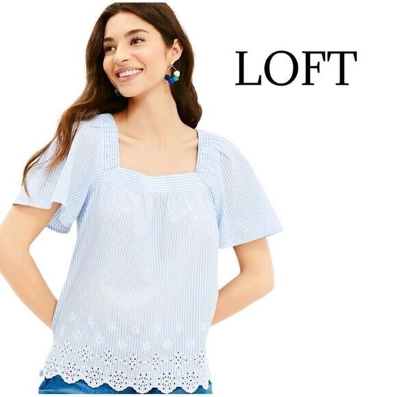 LOFT Blue/White Eyelet Seersucker Stripe Square Neck Top Sz MP NWOT - Picture 1 of 10